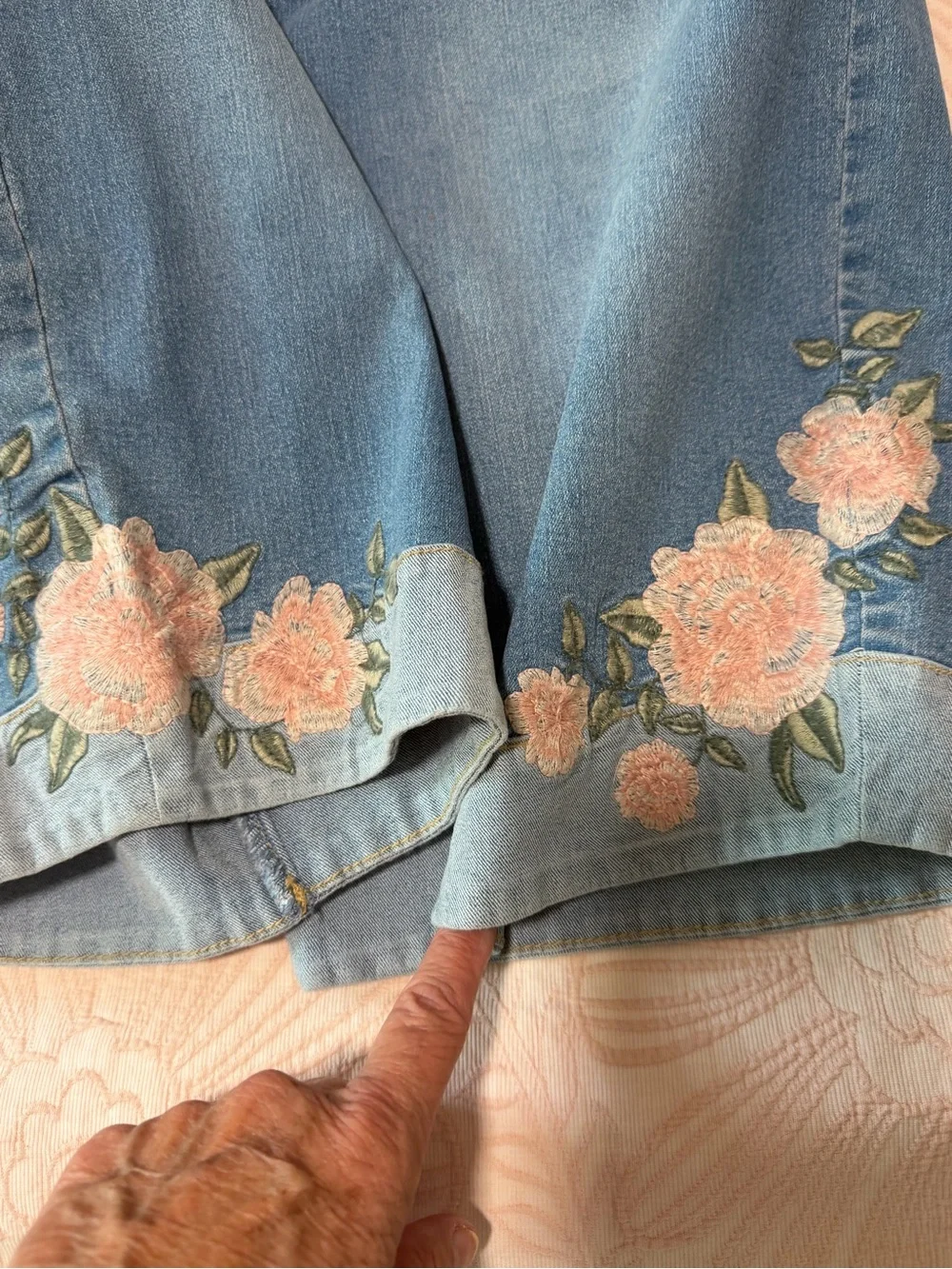 Gloria Vanderbilt Blue Denim Bermuda Shorts with Pink Floral Embroidery